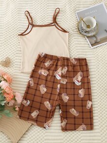 Girls' Apricot Cute Capybara Print Camisole Top & All-Over Capybara Print Brown Plaid Shorts Pajama Set, Fitted Loungewear - Multicolor - View 2