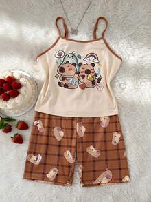 Girls' Apricot Cute Capybara Print Camisole Top & All-Over Capybara Print Brown Plaid Shorts Pajama Set, Fitted Loungewear - Multicolor - View 1