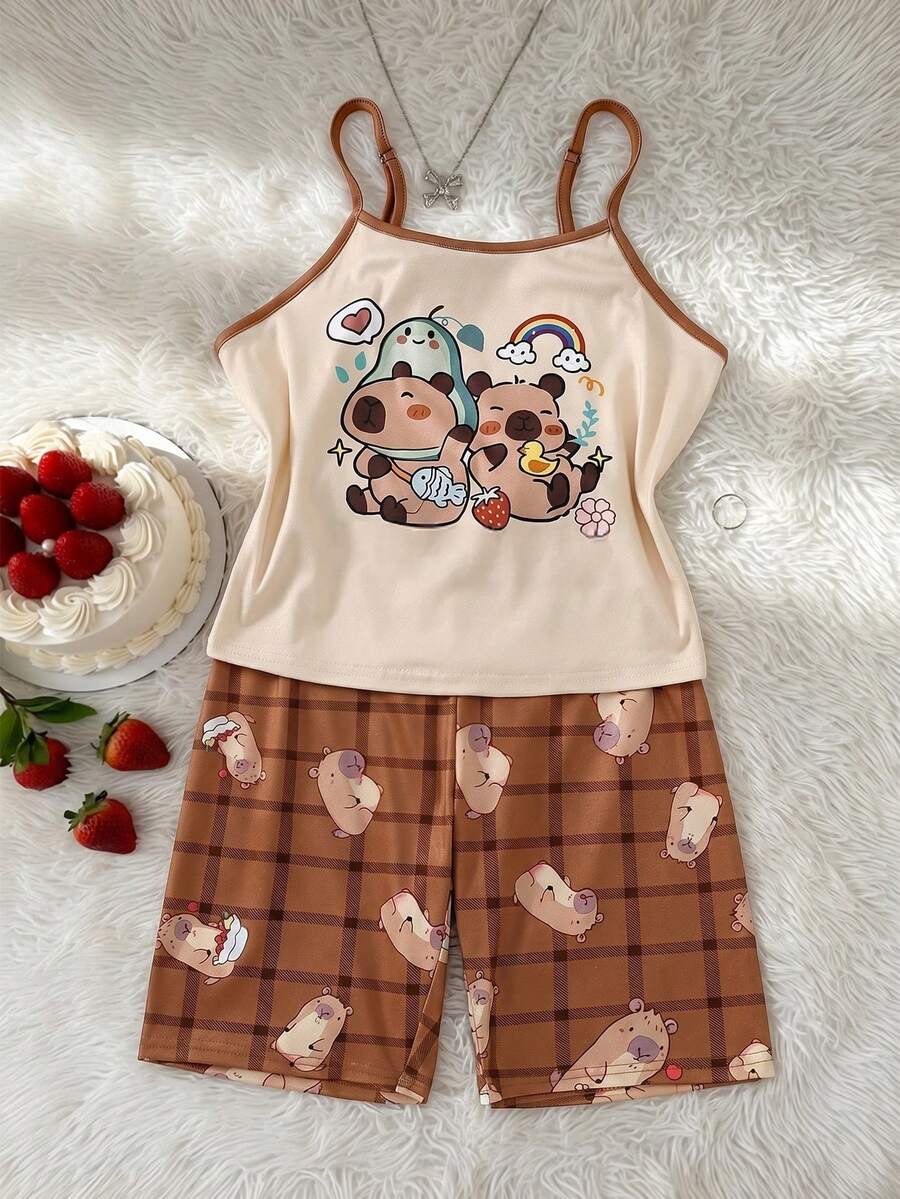Girls' Apricot Cute Capybara Print Camisole Top & All-Over Capybara Print Brown Plaid Shorts Pajama Set, Fitted Loungewear - Multicolor - View 1