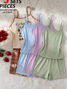 Girls' Apricot Cute Capybara Print Camisole Top & All-Over Capybara Print Brown Plaid Shorts Pajama Set, Fitted Loungewear - Multicolor - View 5