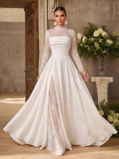 Glamrae Elegant White Glossy Satin Patchwork Romantic French Lace Small Stand Collar Sheer Lace Long Sleeve Ruffled Neckline Pleated Boning Trim Extra Large A-Line Skirt High Slit Lace Patchwork Suitable For Newlyweds Wedding Events All Formal Occasions Women Bridal Wedding Dress Gown