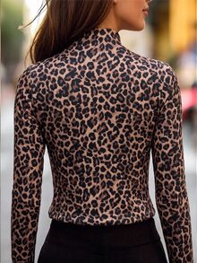 SHEIN Women's Leopard Print Mock Neck Ruched Long Sleeve Tee, Slim Fitted Top For Spring Fall Street Date - Brown - View 2