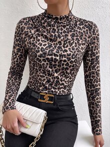 SHEIN Women's Leopard Print Mock Neck Ruched Long Sleeve Tee, Slim Fitted Top For Spring Fall Street Date - Brown - View 5
