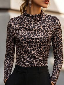 SHEIN Women's Leopard Print Mock Neck Ruched Long Sleeve Tee, Slim Fitted Top For Spring Fall Street Date - Brown - View 6