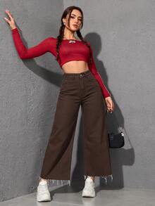 EMERY ROSE Jeans de mezclilla de pierna recta lavados casuales - Marrón - Ver 4
