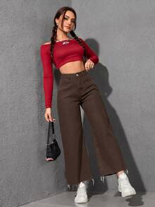 EMERY ROSE Jeans de mezclilla de pierna recta lavados casuales - Marrón - Ver 5