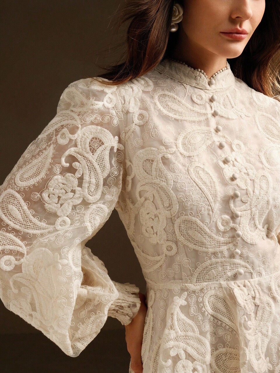 Anewsta Elegant Apricot Stand Collar Mini Dress With Bishop Sleeves And Flared Hem Sheer Lace Design