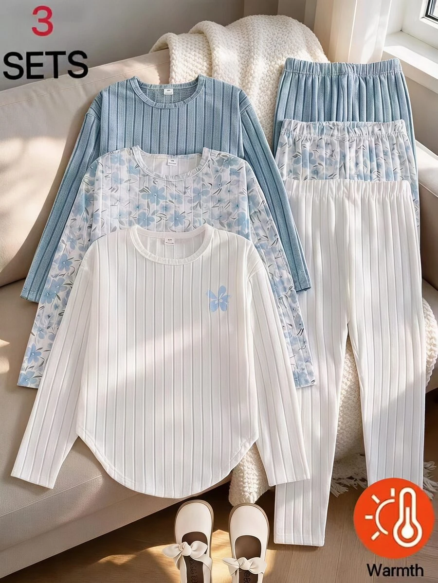 SHEIN 少女復古風3件套,花卉長袖上衣、修身長褲、純色羅紋小花刺繡上衣配圓弧下擺、寬鬆長褲貼身修身,薄款春/秋開學穿搭 - 彩色 - 查看 1
