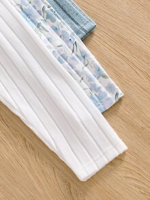 SHEIN 少女復古風3件套，花卉長袖上衣、修身長褲、純色羅紋小花刺繡上衣配圓弧下擺、寬鬆長褲貼身修身，薄款春/秋開學穿搭 - 彩色 - 查看 7