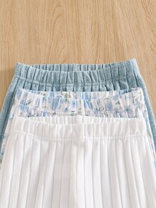 SHEIN 少女復古風3件套，花卉長袖上衣、修身長褲、純色羅紋小花刺繡上衣配圓弧下擺、寬鬆長褲貼身修身，薄款春/秋開學穿搭 - 彩色 - 查看 6