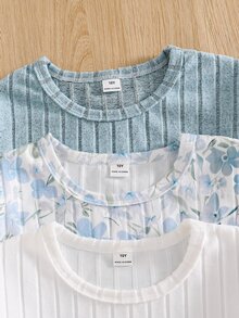 SHEIN 少女復古風3件套，花卉長袖上衣、修身長褲、純色羅紋小花刺繡上衣配圓弧下擺、寬鬆長褲貼身修身，薄款春/秋開學穿搭 - 彩色 - 查看 4