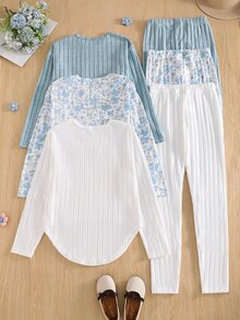 SHEIN 少女復古風3件套，花卉長袖上衣、修身長褲、純色羅紋小花刺繡上衣配圓弧下擺、寬鬆長褲貼身修身，薄款春/秋開學穿搭 - 彩色 - 查看 2