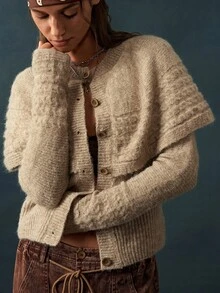 Bohemela Solid Button Front Cape Cardigan - Green - View 3