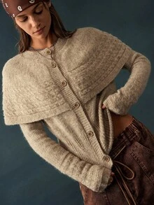 Bohemela Solid Button Front Cape Cardigan - Green - View 4