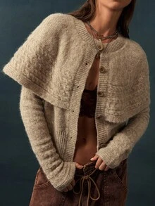 Bohemela Solid Button Front Cape Cardigan - Green - View 8