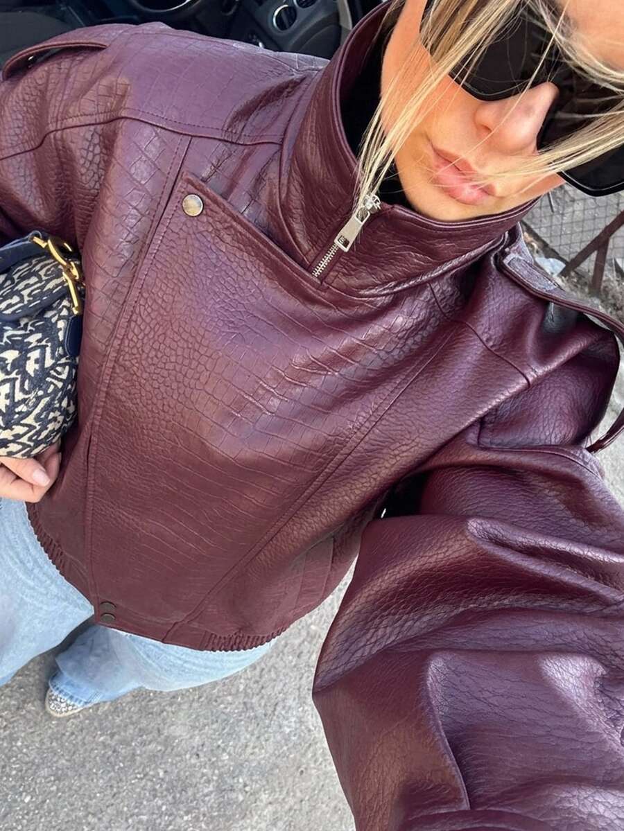 Muchica Zip Up Crocodile Pattern PU Leather Coat - Burgundy - View 1