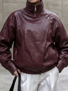 Muchica Zip Up Crocodile Pattern PU Leather Coat - Burgundy - View 3