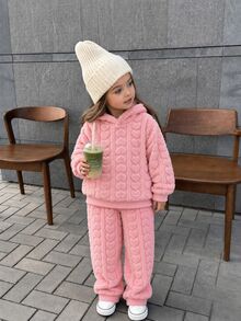 Elladie kids طقم بناتي خريفي شتوي من سويت شيرت بغطاء رأس مبطن بالفرو + بنطال طويل، ستايل خريفي شتوي جديد، طقم وردي من الفليس السميك - وردي - مشاهدة 1
