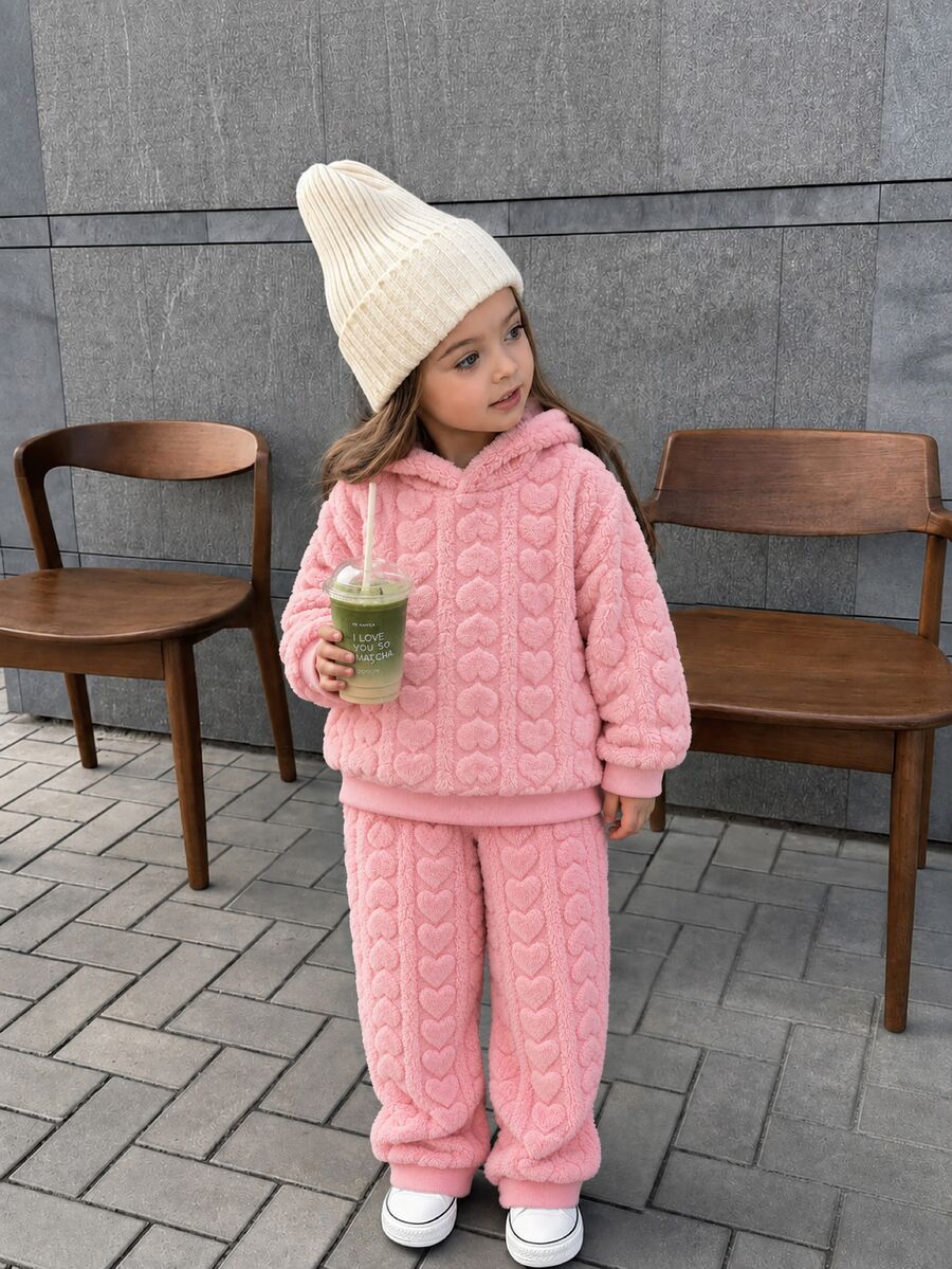 Elladie kids طقم بناتي خريفي شتوي من سويت شيرت بغطاء رأس مبطن بالفرو + بنطال طويل، ستايل خريفي شتوي جديد، طقم وردي من الفليس السميك - وردي - مشاهدة 1