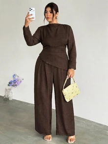 Firerie Brown Autumn/Winter Long Sleeve Asymmetrical Hem Ruched Waist Top & Straight Leg Pants Commuter Set/Brown Two-Piece Set Elegant Office Work Set Women - Brown - View 3