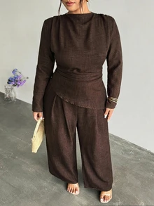 Firerie Brown Autumn/Winter Long Sleeve Asymmetrical Hem Ruched Waist Top & Straight Leg Pants Commuter Set/Brown Two-Piece Set Elegant Office Work Set Women - Brown - View 5