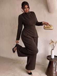 Firerie Brown Autumn/Winter Long Sleeve Asymmetrical Hem Ruched Waist Top & Straight Leg Pants Commuter Set/Brown Two-Piece Set Elegant Office Work Set Women - Brown - View 8
