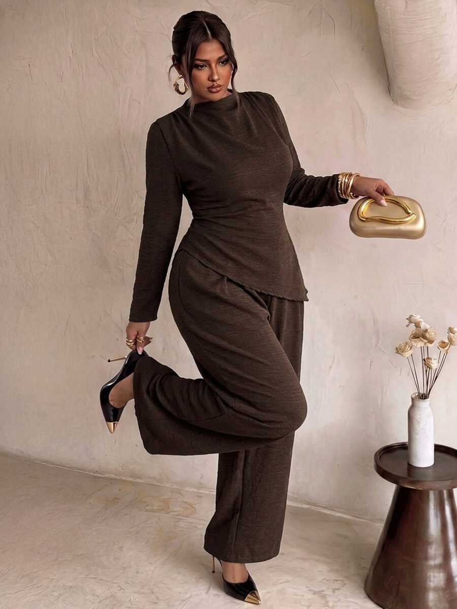 Firerie Brown Autumn/Winter Long Sleeve Asymmetrical Hem Ruched Waist Top & Straight Leg Pants Commuter Set/Brown Two-Piece Set Elegant Office Work Set Women