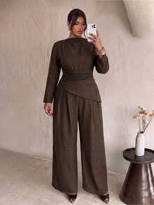 Firerie Brown Autumn/Winter Long Sleeve Asymmetrical Hem Ruched Waist Top & Straight Leg Pants Commuter Set/Brown Two-Piece Set Elegant Office Work Set Women - Brown - View 9