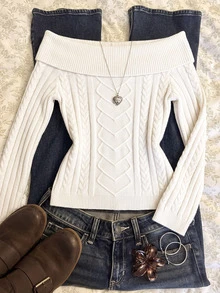Autumina Sweater Rajut Kabel Lengan Panjang Tanpa Bahu untuk Wanita - Putih - View 1