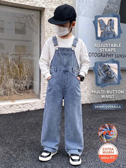 SHEIN Celana Jeans Anak Laki-laki Remaja Gaya Kasual Y2k Musim Dingin Biru Berlapisan Bulu Longgar Tanpa Punggung Hitam untuk Sekolah Musim Gugur