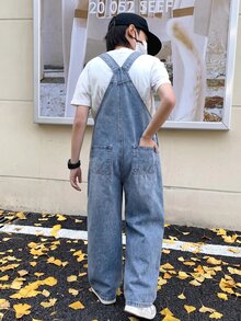 SHEIN 兒童青少年男孩時尚休閒 Y2K 冬季藍色抓絨內裡寬鬆露背牛仔褲 黑色 入學季秋季 - 藍色 - 查看 2