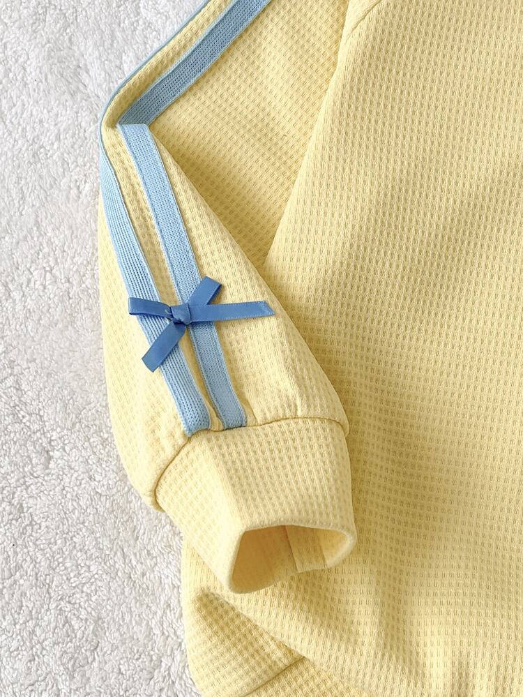 SHEIN Kids Young Girl Crew Neck Bow Pattern Colorblock Long Sleeve Sweatshirt And Sweatpants Casual Daily - Yellow - View 12