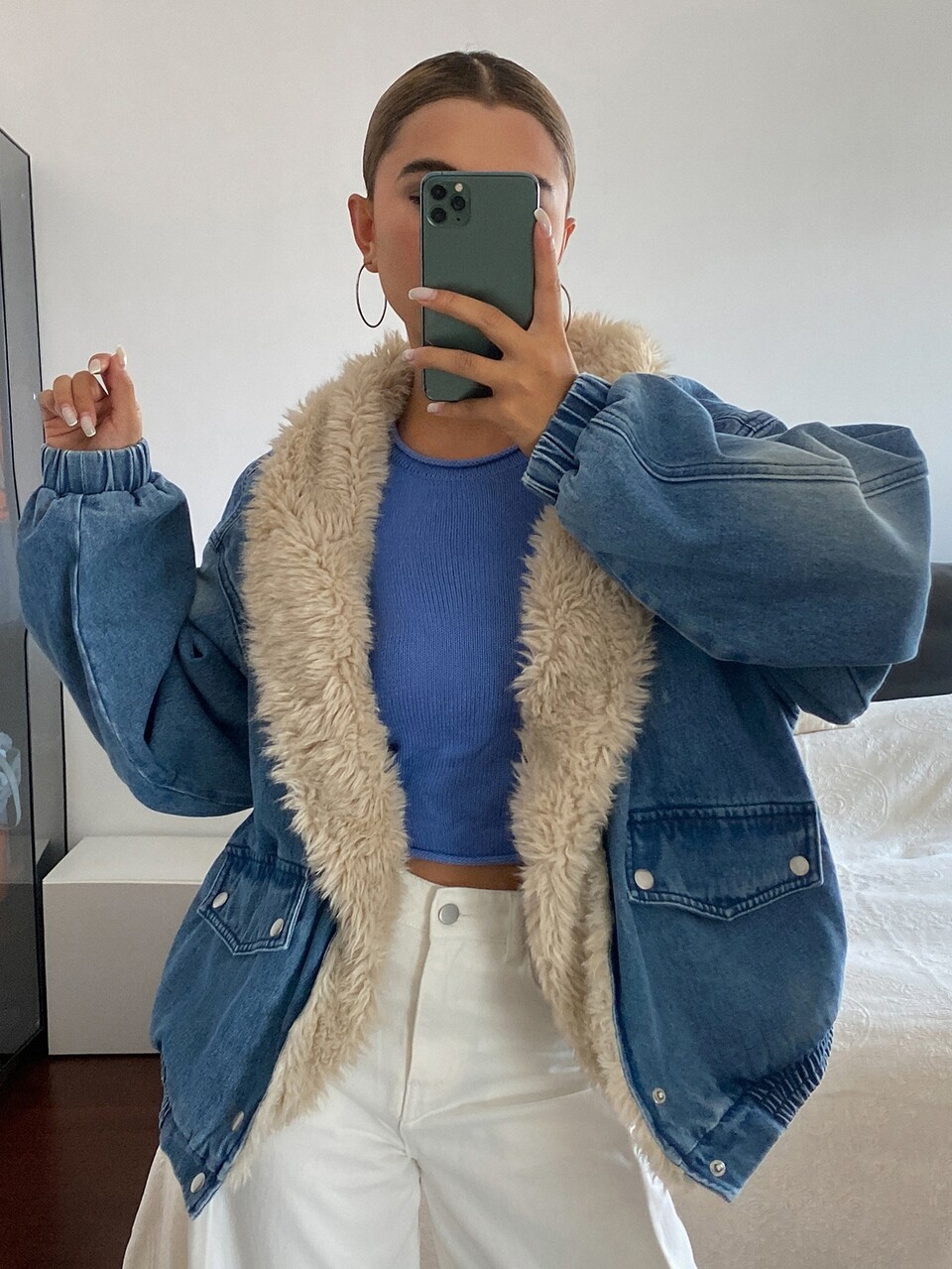 Women's Wine Red Faux Fur Collar V-Neck Loose Long Sleeve Distressed Washed Casual Streetwear Vacation Autumn/Winter Thickened Padded Coat Jacket
