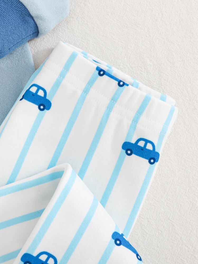 Cozy Pixies Baby Boy Snug Fit Pajama Set, Cartoon Car Blue Pattern, Knitted Soft Crew Neck Long Sleeve Pullover Top And Elastic Waist Long Pants With Striped Car Design, 2 Pieces Set - Blue - View 7