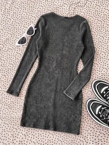 Teen Girls Letter Print Black Knit Denim Stretch Slim Fit Short Dress - Black - View 5