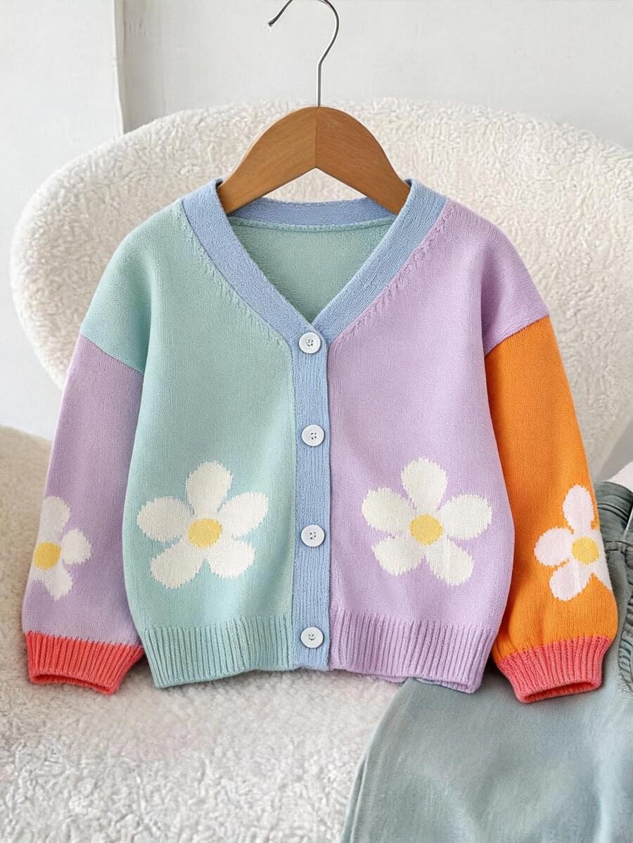 SHEIN Young Girl Young Girl Young Girl Young Girl Young Girls Colorful Patchwork Knit Cardigan, Floral Pattern, Suitable For Autumn/Winter, Soft - Multicolor - View 1