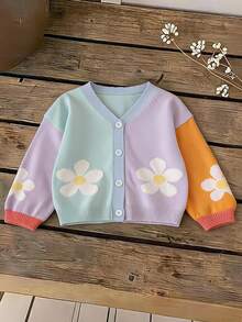SHEIN Young Girl Young Girl Young Girl Young Girl Young Girls Colorful Patchwork Knit Cardigan, Floral Pattern, Suitable For Autumn/Winter, Soft - Multicolor - View 4
