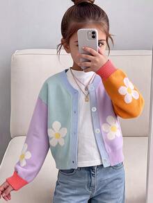 SHEIN Young Girl Young Girl Young Girl Young Girl Young Girls Colorful Patchwork Knit Cardigan, Floral Pattern, Suitable For Autumn/Winter, Soft - Multicolor - View 3