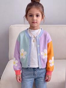SHEIN Young Girl Young Girl Young Girl Young Girl Young Girls Colorful Patchwork Knit Cardigan, Floral Pattern, Suitable For Autumn/Winter, Soft - Multicolor - View 5