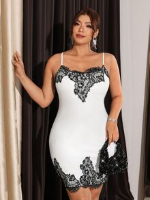 Firerie White Fitted Bodycon Spaghetti Strap Dress / Lace Patchwork Contrast Color/Edgy Style / Modern & Elegant Y2K Elegant Lace Dress For Women Fall/Winter - White - View 8