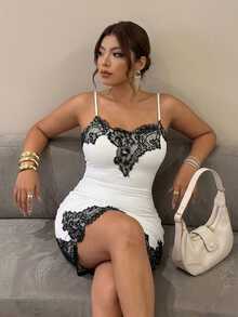 Firerie White Fitted Bodycon Spaghetti Strap Dress / Lace Patchwork Contrast Color/Edgy Style / Modern & Elegant Y2K Elegant Lace Dress For Women Fall/Winter - White - View 2