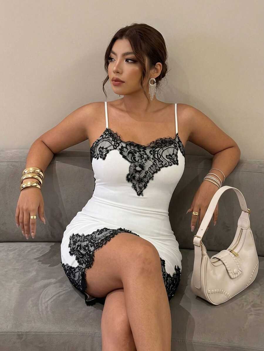Firerie White Fitted Bodycon Spaghetti Strap Dress / Lace Patchwork Contrast Color/Edgy Style / Modern & Elegant Y2K Elegant Lace Dress For Women Fall/Winter