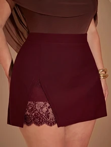 SHEIN BAE CURVE 大尺碼女款純色對比蕾絲迷你 A 字裙 - 酒紅色 - 查看 5