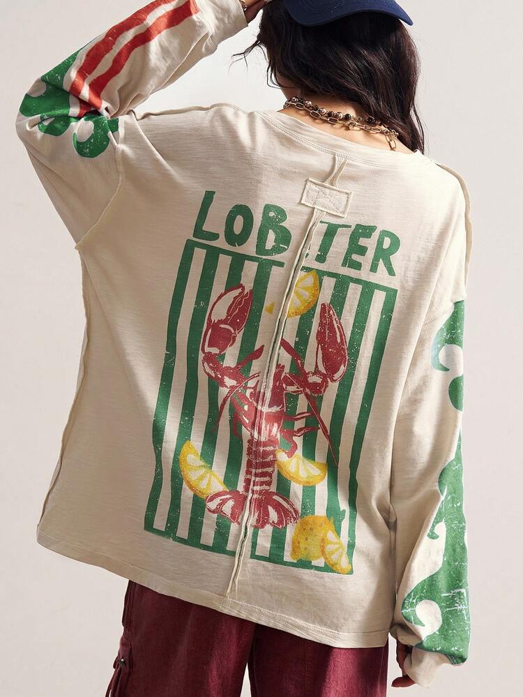Bohemela Kaos Kasual Wanita dengan Motif Huruf & Lobster, Bahu Asimetris, Lengan Longgar - MultiWarna - View 2