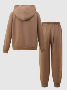 SHEIN 2pcs/Set Boys Casual Baggy Hoodie Sweatshirt And Sweatpants Set, Suitable For Daily School, Commuting, Sports Autumn Back-To-School Khaki - Khaki - View 3