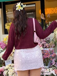 GalTyme Plus Size Women Solid Color Asymmetric Shoulder Drop Shoulder Long Sleeve Casual Top - Burgundy - View 2