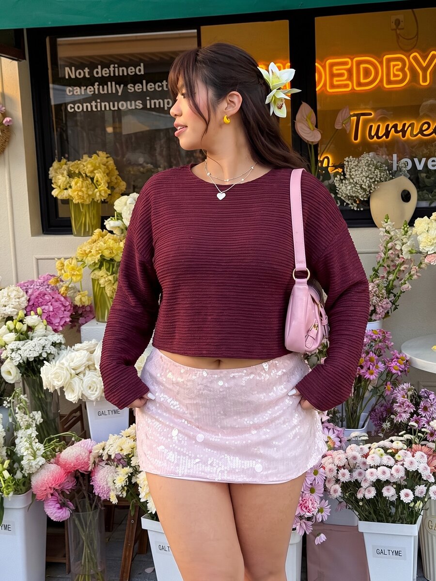 GalTyme Plus Size Women Solid Color Asymmetric Shoulder Drop Shoulder Long Sleeve Casual Top - Burgundy - View 1