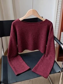 GalTyme Plus Size Women Solid Color Asymmetric Shoulder Drop Shoulder Long Sleeve Casual Top - Burgundy - View 4