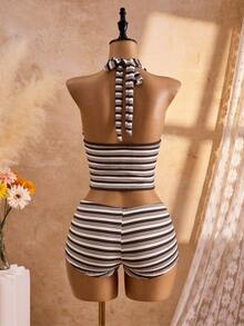 Swim Vcay Set Pakaian Renang Premium Wanita untuk Liburan Pantai Musim Semi/Panas/Musim Gugur/Musim Panas/Musim Dingin, Model Camisole Tanpa Punggung Bergaris Lucu dengan Bawahan Bertekstur - Chocolate Brown - View 5