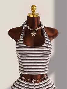 Swim Vcay Set Pakaian Renang Premium Wanita untuk Liburan Pantai Musim Semi/Panas/Musim Gugur/Musim Panas/Musim Dingin, Model Camisole Tanpa Punggung Bergaris Lucu dengan Bawahan Bertekstur - Chocolate Brown - View 7